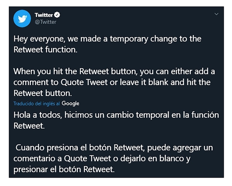 El anuncio de Twitter sobre la nueva actualización