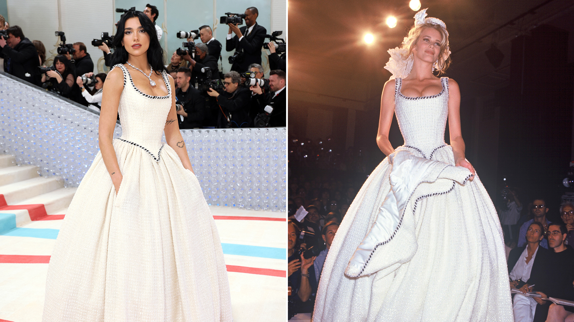 Dua Lipa en un vestido de alta costura de otoño de 1992 de Chanel de Karl Lagerfeld. Fue usado por Claudia Schiffer en la pasarela