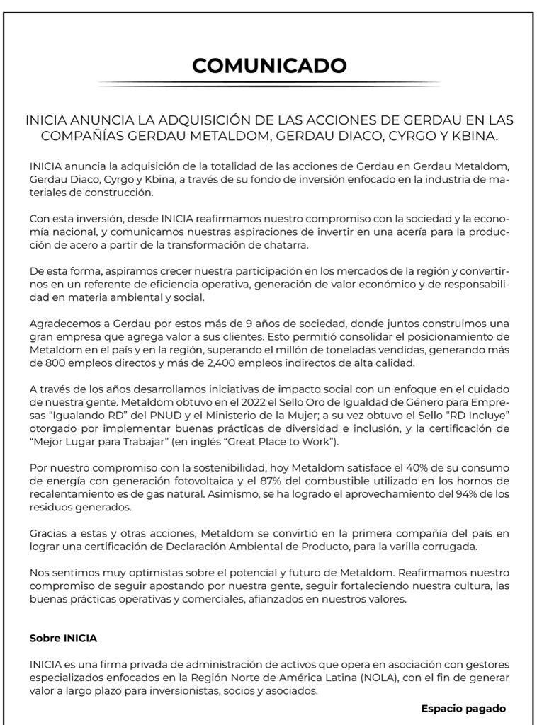 INICIA adquiere la totalidad de las acciones de Gerdau Metaldom, Gerdau Diaco, Cyrgo y Kbina.