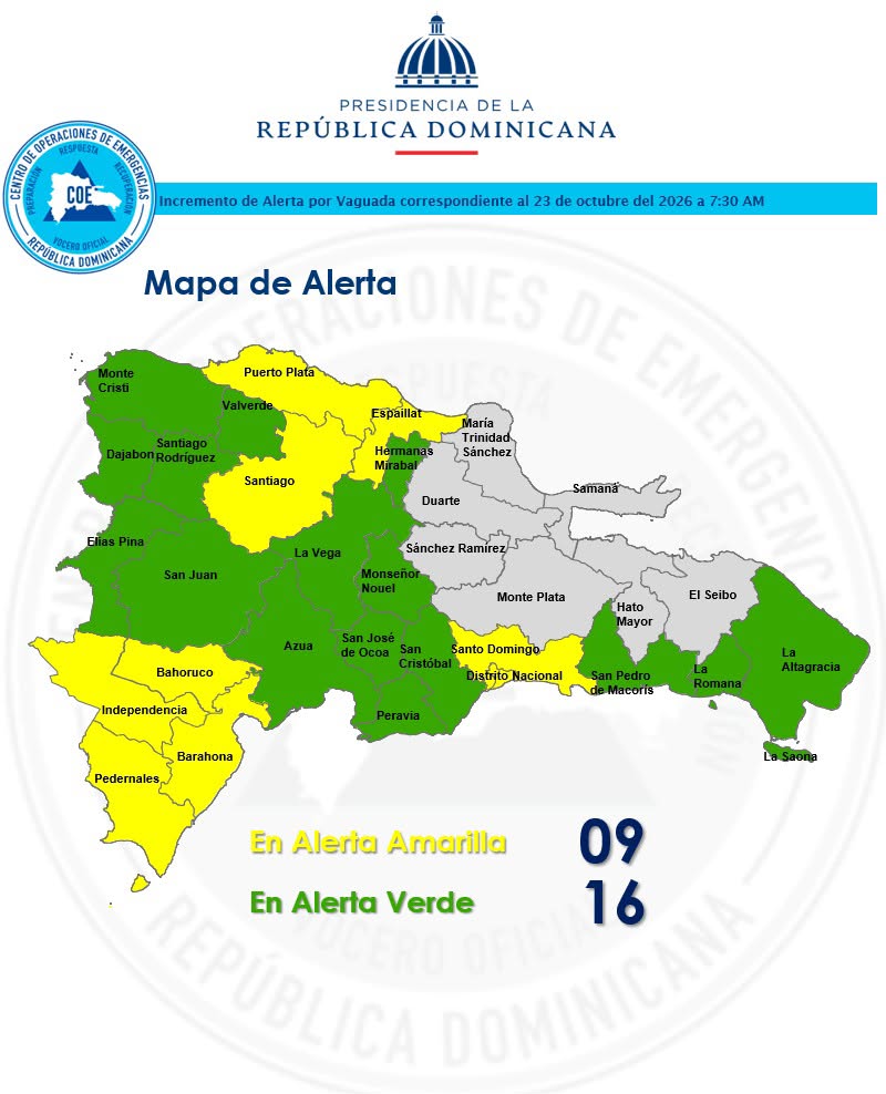 COE coloca ocho provincias y el Distrito Nacional en alerta amarilla por lluvias COE