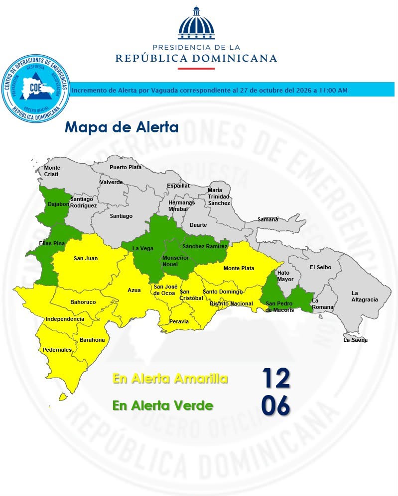 COE amplía la alerta amarilla por lluvias en 11 provincias y el Distrito Nacional coe